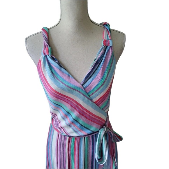Striped‎ Maxi Hanter Dress Wrap Style Sleeveless Casual Colorful Women's Large - Picture 2 of 13